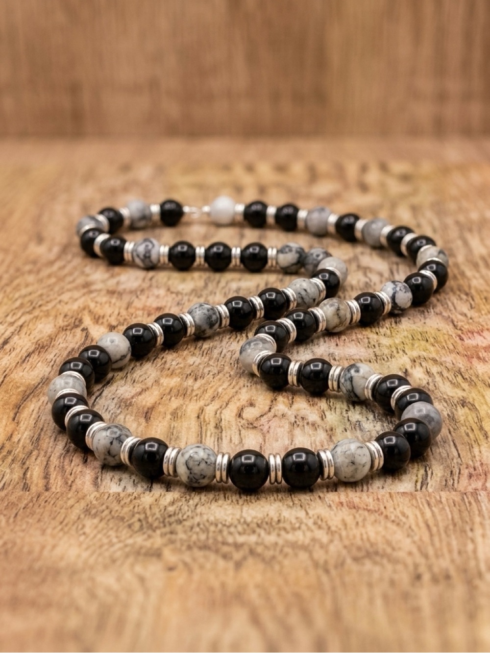 Black and Gray Beaded Handmade Necklace - Natural Stone Accent